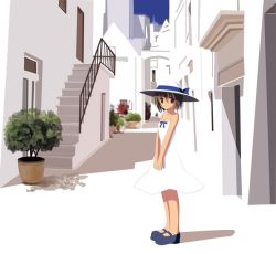 Rule 34 | aikawa touma, architecture, bare shoulders, bow, brown hair, city, day, dress, hat, hat ribbon, mary janes, plant, potted plant, ribbon, shoes, short hair, solo, stairs, strapless, sun hat, sundress, white theme