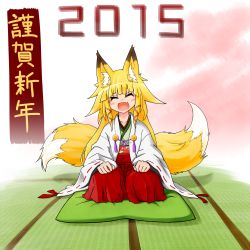 Rule 34 | 10s, 1girl, 2015, :d, ^ ^, animal ears, blonde hair, closed eyes, fang, fox ears, fox tail, gradient background, hakama, hakama skirt, haori, highres, japanese clothes, long hair, miko, multiple tails, open mouth, original, red hakama, ribbon-trimmed sleeves, ribbon trim, senbon, sitting, skirt, smile, solo, tail, two tails