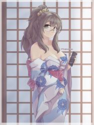 Rule 34 | 1girl, absurdres, artist name, bare shoulders, breasts, brown eyes, brown hair, cellphone, cleavage, closed mouth, collarbone, expressionless, floral print, futaba rio, glasses, highres, holding, holding phone, japanese clothes, kimono, large breasts, long hair, long sleeves, looking at viewer, off shoulder, phone, ponytail, scrunchie, seishun buta yarou, smartphone, solo, takkikun, wavy hair