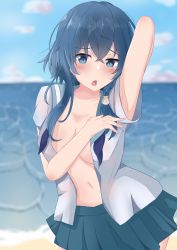 Rule 34 | 1girl, absurdres, arm up, armpits, beach, blue eyes, blue hair, blurry, blurry background, blush, breasts, cloud, highres, large breasts, looking at viewer, matching hair/eyes, misakino kukuru, navel, no bra, ocean, open clothes, open mouth, open shirt, outdoors, sand, shiroi suna no aquatope, short hair with long locks, sky, solo, standing, water, yuki kuro 96
