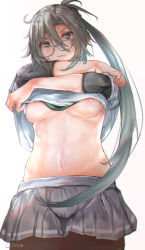 Rule 34 | 1girl, abs, amagiri (kancolle), asymmetrical bangs, blush, breasts, closed mouth, commentary request, cowboy shot, fang, glasses, grey-framed eyewear, grey eyes, grey hair, grey skirt, groin, hair between eyes, kantai collection, long hair, looking at viewer, mani oniniku, navel, pleated skirt, ponytail, ribbon, school uniform, serafuku, short sleeves, sidelocks, signature, simple background, skin fang, skirt, small breasts, solo, standing, stomach, sweat, underboob, undershirt, undressing, very long hair, white background