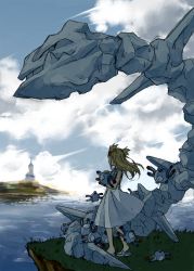 Rule 34 | 1girl, building, cloud, cloudy sky, creatures (company), dress, from side, full body, game freak, gen 1 pokemon, gen 2 pokemon, grass, highres, hinase kaguya, holding, island, jasmine (pokemon), long hair, magnemite, magnet, nintendo, pokemon, pokemon (creature), pokemon gsc, sandals, shade, sky, solid circle eyes, standing, steelix, two side up, water, white dress