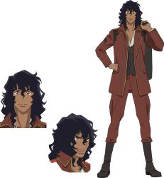 Rule 34 | 1boy, bag, black hair, boots, brown eyes, brown jacket, brown pants, closed mouth, dark skin, eden varock, hand up, head out of frame, highres, jacket, long hair, looking at viewer, metallic rouge, open mouth, pants, shirt, smile, solo, transparent background, very long hair, white shirt