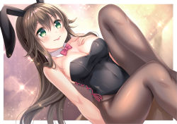 Rule 34 | 1girl, :p, animal ears, bare shoulders, black leotard, blush, bow, bowtie, breasts, brown hair, brown pantyhose, cleavage, covered navel, cross-laced clothes, detached collar, dutch angle, fake animal ears, green eyes, hair between eyes, hand up, highleg, highleg leotard, hip bones, knee up, leotard, light particles, long hair, looking at viewer, medium breasts, original, outside border, pantyhose, pink bow, pink bowtie, playboy bunny, rabbit ears, shiny clothes, shizuki aya, sitting, solo, strapless, strapless leotard, tongue, tongue out