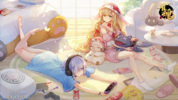 Rule 34 | 2girls, barefoot, bed, blonde hair, bloomers, book, bow, bracelet, bug, butterfly, can, cellphone, chips (food), coca-cola, coffee mug, controller, copyright name, copyright notice, cup, detached sleeves, drink can, drinking straw, eliisa (mahjong soul), feet, food, game cg, game controller, green eyes, headphones, highres, holding, holding controller, holding game controller, insect, jewelry, lay&#039;s (potato chips), leaf, light, logo, long hair, looking at another, looking at object, lying, mahjong, mahjong soul, mahjong tile, manga (object), mug, multiple girls, nintendo switch, official art, on floor, on stomach, pen, phone, pillow, plant, pocky, potato chips, purple eyes, purple hair, red bow, rug, sheep, shine cheese, smartphone, soda can, stuffed animal, stuffed rabbit, stuffed toy, stuffed wolf, sunlight, suzumiya anju, underwear, window, wrist cuffs