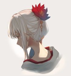 Rule 34 | 1girl, back, flower, from behind, grey background, hair ornament, japanese clothes, long hair, nape, original, red eyes, red flower, robe, simple background, solo, white hair, white robe, yoo (tabi no shiori)