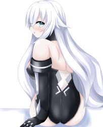 Rule 34 | ass, back, back muscles, bare shoulders, black heart (neptunia), blush, bodysuit, boots, breasts, flustered, gloves, green eyes, highres, long hair, matrixjudge, medium breasts, neptune (series), noire (neptunia), open mouth, surprised, thighs, tsundere, white hair