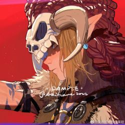 Rule 34 | 1boy, akihare, blue eyes, commentary, english commentary, from side, highres, link, looking to the side, male focus, mask, nintendo, pointy ears, red background, simple background, skull mask, skull on head, solo, the legend of zelda, the legend of zelda: breath of the wild, tribal