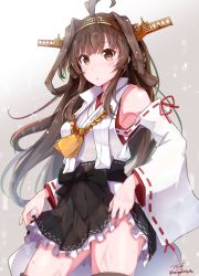 Rule 34 | 1girl, absurdres, ahoge, artist name, baileys (tranquillity650), bare shoulders, black skirt, blush, brown hair, cowboy shot, detached sleeves, double bun, grey eyes, hairband, headgear, highres, japanese clothes, kantai collection, kongou (kancolle), kongou kai ni (kancolle), long hair, nontraditional miko, parted lips, pleated skirt, ribbon-trimmed sleeves, ribbon trim, signature, skirt, solo, twitter username, wet, wide sleeves