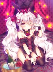 Rule 34 | 1girl, animal ears, azur lane, bare shoulders, between legs, black panties, black thighhighs, bottle, bow, breasts, brooch, bustier, cleavage, closed mouth, commentary request, detached collar, detached sleeves, fake animal ears, flower, garter straps, hair bow, hair ornament, hair scrunchie, hand up, ice, ice cube, jewelry, laffey (azur lane), lingerie, long hair, looking at viewer, one eye closed, panties, puffy short sleeves, puffy sleeves, rabbit ears, red eyes, red flower, rose, scrunchie, short sleeves, sidelocks, sitting, small breasts, solo, star (symbol), suzunone rena, thighhighs, thighs, twintails, underwear, very long hair, wariza, wavy hair, white hair, wine bottle, wrist cuffs