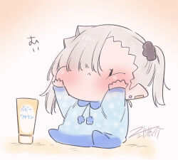 Rule 34 | 1girl, :&lt;, black scrunchie, blush, brown background, chibi, closed mouth, commentary request, ear piercing, earrings, gradient background, grey hair, hair ornament, hair over one eye, hair scrunchie, hands up, highres, ishikawa luna, jewelry, long sleeves, nikki kyousuke, onesie, original, piercing, pointy ears, scrunchie, side ponytail, signature, sitting, solo, stud earrings, white background, | |