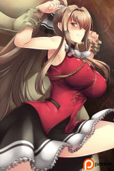 Rule 34 | 1boy, 1girl, aiguillette, amagi brilliant park, angry, antenna hair, arm grab, armpits, arms up, bare arms, bare shoulders, bdsm, black skirt, blouse, blush, bondage, bound, bound wrists, bow, breasts, brown eyes, brown hair, covered erect nipples, from side, haganef, hair bow, hair intakes, highres, imminent rape, large breasts, legs, long hair, ponytail, red shirt, restrained, sento isuzu, shirt, skirt, sleeveless, sleeveless shirt, solo focus, white neckwear