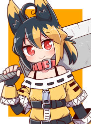 Rule 34 | 1girl, ahoge, animal ear fluff, animal ears, bare shoulders, black gloves, black hair, blonde hair, blush, borrowed character, closed mouth, collar, collarbone, commentary request, copyright request, dress, fingerless gloves, gloves, hair between eyes, highres, holding, holding sword, holding weapon, huge weapon, layered sleeves, long sleeves, looking at viewer, multicolored hair, naga u, off-shoulder dress, off shoulder, orange background, over shoulder, red collar, red eyes, short over long sleeves, short sleeves, smile, solo, sword, sword over shoulder, two-tone background, two-tone hair, upper body, weapon, weapon over shoulder, white background, yellow dress
