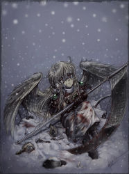 Rule 34 | 1girl, angel, blood, blood on face, boots, long hair, ocarina (violinist of hameln), pupukachoo, scythe, sizer, snow, snowing, solo, tears, thighhighs, twintails, violinist of hameln, wings