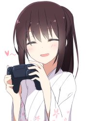 Rule 34 | 1girl, ^ ^, a.a (aa772), bad id, bad pixiv id, blush, brown hair, closed eyes, commentary request, controller, facing viewer, floral print, game controller, hakama-chan (aa), head tilt, heart, holding, japanese clothes, kimono, original, parted lips, ponytail, print kimono, simple background, smile, solo, upper body, white background, white kimono