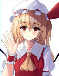 Rule 34 | 1girl, 7saki, ascot, bad id, bad pixiv id, blouse, crying, crying with eyes open, flandre scarlet, hair between eyes, hand up, hat, head tilt, highres, mob cap, open hand, shirt, simple background, solo, streaming tears, tears, touhou, upper body, waving, white background, white hat, white shirt, wings, yellow ascot