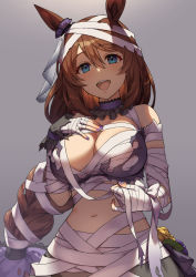 Rule 34 | 1girl, :d, animal ears, bandages, blue eyes, bow, breasts, choker, cleavage, ear ribbon, fingernails, gradient background, grey background, hair between eyes, hand on own chest, horse ears, horse girl, large breasts, long hair, looking at viewer, nail polish, navel, official alternate costume, open mouth, purple choker, purple nails, purple ribbon, ribbon, smile, solo, suneru, super creek (chiffon ribbon mummy) (umamusume), super creek (umamusume), teeth, umamusume, upper teeth only, very long hair