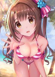 Rule 34 | 1girl, arm support, bikini, blurry, blush, bow, breasts, brown eyes, brown hair, collarbone, commentary request, day, depth of field, female focus, hair between eyes, hair bow, hair ornament, highres, idolmaster, idolmaster cinderella girls, large breasts, leaning forward, left-handed, long hair, looking at viewer, one side up, open mouth, outdoors, shimamura uzuki, smile, solo, strap pull, striped bikini, striped clothes, swimsuit, thighs, u rin