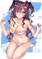 Rule 34 | 10s, 1girl, bad id, bad pixiv id, barefoot, bikini, blue eyes, blush, bow, breasts, brown hair, cleavage, cloud, collarbone, commentary request, hair bow, hair ornament, hamu (plot sy), highres, ichinose shiki, idolmaster, idolmaster cinderella girls, large breasts, long hair, looking at viewer, navel, off shoulder, sky, smile, solo, swimsuit, two side up, white bikini