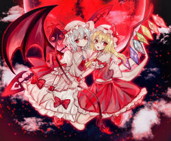 Rule 34 | 2girls, abandon ranka, ascot, bat wings, blonde hair, crystal, dress, flandre scarlet, full body, full moon, hat, laevatein, mob cap, moon, multiple girls, nail polish, night, night sky, open mouth, pointy ears, puffy sleeves, red eyes, red moon, remilia scarlet, shirt, shoes, short hair, short sleeves, siblings, side ponytail, silver hair, sisters, skirt, skirt set, sky, smile, spear the gungnir, touhou, vest, wings, wrist cuffs