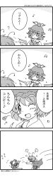 Rule 34 | 2girls, 4koma, ?, anger vein, antennae, cape, comic, closed eyes, female focus, greyscale, hat, highres, long image, monochrome, multiple girls, musical note, mystia lorelei, one eye closed, open mouth, partially translated, quaver, running, spoken musical note, tall image, tewitei, touhou, translation request, wings, wriggle nightbug