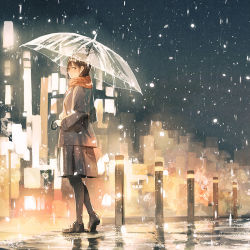 Rule 34 | 1girl, black pantyhose, brown hair, city lights, commentary request, craft-cs, holding, holding umbrella, jacket, looking at viewer, night, original, outdoors, pantyhose, rain, reflective floor, scarf, scenery, short hair, skirt, solo, transparent, transparent umbrella, umbrella