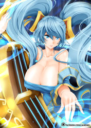 Rule 34 | 1girl, aqua eyes, areola slip, artist name, aura, bare shoulders, blue dress, blue eyes, blue hair, breasts, bursting breasts, cleavage, collarbone, dress, female focus, hair ornament, huge breasts, instrument, janong, large breasts, league of legends, long hair, long twintails, looking to the side, low neckline, matching hair/eyes, music, parted lips, playing instrument, solo, sona (league of legends), string, twintails, upper body, very long hair