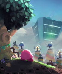 Rule 34 | absurdres, access ark, blue flower, blue sky, flower, from behind, grass, highres, kirby, kirby: planet robobot, kirby (series), leaf, light bulb, nintendo, outdoors, pink flower, plant, sky, smoke, smoking pipe, star (symbol), suyasuyabi, tree, vines, yellow flower