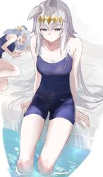 Rule 34 | 2girls, @ @, absurdres, animal ears, blue eyes, blue one-piece swimsuit, breasts, cleavage, collarbone, covered navel, ear covers, ear ornament, grey hair, ha (hura76752775), hair between eyes, hair ornament, hairband, highres, hishi miracle (umamusume), horse ears, horse girl, large breasts, long hair, medium hair, multicolored hair, multiple girls, oguri cap (umamusume), one-piece swimsuit, open mouth, pool, poolside, school swimsuit, solo focus, swimsuit, tracen swimsuit, umamusume, water, wet, wet clothes