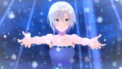 Rule 34 | 1girl, anastasia (idolmaster), armpit peek, armpits, backlighting, bare arms, bare shoulders, blue dress, blue eyes, blue theme, blush, breasts, cleavage, collarbone, commentary, dress, earrings, foreshortening, glint, hair between eyes, highres, idolmaster, idolmaster cinderella girls, jewelry, light blush, light particles, looking at viewer, medium breasts, okuba, outstretched arms, reaching, reaching towards viewer, short hair, silver hair, smile, snowing, solo, sparkle, spread fingers, strapless, strapless dress, tsurime, upper body