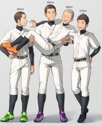 Rule 34 | 4boys, baseball uniform, black footwear, carrying, carrying person, compression shirt, grey background, height chart, highres, lineup, looking at another, male focus, multiple boys, muscular, muscular male, no bangs, orange footwear, original, pants, pants rolled up, princess carry, purple footwear, shaved head, short hair, smile, sportswear, tettabuzz, very short hair
