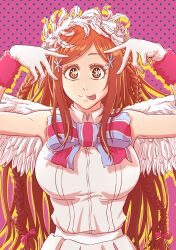 Rule 34 | 1girl, :p, absurdres, arms up, bleach, bow, braid, breasts, closed mouth, collared shirt, colored eyelashes, commentary, drop shadow, english commentary, eyebrows hidden by hair, eyelashes, hair bow, hair ornament, highres, hoshino ai&#039;s pose, inoue orihime, large breasts, long hair, looking at viewer, oshi no ko, parted bangs, pink background, pink bow, shirt, sidelocks, simple background, sleeveless, sleeveless shirt, smile, solo, sonzhondaya, star-shaped pupils, star (symbol), star hair ornament, starry background, symbol-shaped pupils, tongue, tongue out, twin braids, upper body, very long hair, white hair, white shirt, wide-eyed