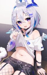 Rule 34 | 1girl, amane kanata, bare shoulders, fragir, grey hair, highres, hololive, looking at viewer, multicolored hair, open mouth, purple eyes, short hair, smile, solo, streaked hair, virtual youtuber