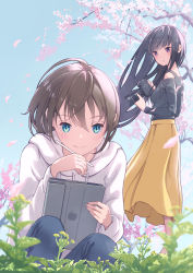 Rule 34 | 2girls, absurdres, apple inc., black hair, black shirt, blue eyes, blue sky, blurry, blurry foreground, blush, brown hair, camera, cherry blossoms, closed mouth, commentary request, day, denim, drawstring, falling petals, flower, grass, highres, holding, holding camera, holding tablet pc, hood, hood down, hoodie, jeans, long hair, long sleeves, looking at another, michinoku (hiking miusan18), multiple girls, original, outdoors, pants, parted lips, petals, pink flower, purple eyes, shirt, skirt, sky, smile, tablet pc, tree, white hoodie, yellow skirt