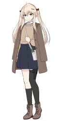 Rule 34 | 1girl, bag, black socks, blonde hair, blue eyes, blush, boots, bow, brown footwear, brown jacket, brown sweater, closed mouth, collared shirt, cross-laced footwear, full body, hair between eyes, hair bow, hair ornament, highres, jacket, jacket on shoulders, kneehighs, lace-up boots, long hair, original, red bow, school uniform, shirt, shoulder bag, simple background, single kneehigh, single sock, single thighhigh, smile, socks, solo, standing, sweater, thighhighs, twintails, very long hair, white background, white shirt, x hair ornament, yakob labo
