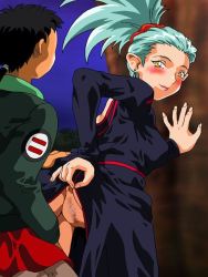 Rule 34 | 1boy, 1girl, anus, bent over, blue hair, blush, censored, clothes lift, dress, dress lift, earrings, from behind, hair ornament, hetero, jewelry, long hair, masaki tenchi, night, no panties, outdoors, ponytail, presenting, pussy, ryouko (tenchi muyou!), sex, smile, tenchi muyou!, tree, tukasa, yellow eyes