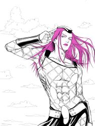 Rule 34 | 1boy, abs, cloud, cloudy sky, eyeshadow, fishnet top, fishnets, hand in own hair, hat, highres, jojo no kimyou na bouken, keiimajima02, long hair, makeup, male focus, messy hair, miniskirt, narciso anasui, nipples, partially colored, pink eyeshadow, pink hair, pink lips, revealing clothes, skirt, sky, solo, stone ocean, toned