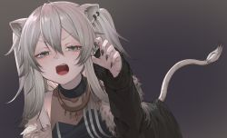 Rule 34 | 1girl, :o, ahoge, animal ears, bare shoulders, black nails, breasts, claw pose, cleavage, earrings, fangs, fur-trimmed jacket, fur trim, grey eyes, grey hair, hair between eyes, highres, hololive, jacket, jewelry, lion ears, lion girl, lion tail, long hair, looking at viewer, medium breasts, metsurin, nail polish, necklace, open mouth, see-through, see-through cleavage, shirt, shishiro botan, shishiro botan (1st costume), solo, tail, v-shaped eyebrows, virtual youtuber