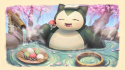 Rule 34 | :d, cherry blossoms, closed eyes, creatures (company), dango, dated, food, game freak, gen 1 pokemon, highres, hooh lin, nintendo, onsen, open mouth, petals, petals on liquid, poke ball, pokemon, pokemon (creature), sanshoku dango, smile, snorlax, solo, steam, teeth, towel, towel on head, translation request, wagashi, water