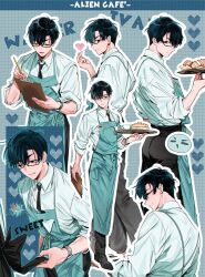 Rule 34 | 2boys, :q, alien stage, anger vein, apron, aqua apron, aqua background, aqua theme, black eyes, black footwear, black hair, black necktie, black pants, bread, capybara roll, commentary, cup, english commentary, english text, facing viewer, finger heart, food, from side, full body, glasses, grid background, hand up, highres, holding, holding pencil, holding tray, ivan (alien stage), licking lips, looking at viewer, male focus, multiple boys, multiple views, necktie, official alternate costume, out of frame, outline, pancake, pants, pencil, shirt, short hair, teacup, text background, thick eyebrows, till (alien stage), tongue, tongue out, tray, waiter, watch, white outline, white shirt, wristwatch, writing