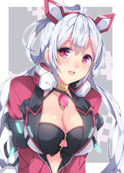 Rule 34 | 1girl, :d, ahoge, breasts, cleavage, collarbone, innocent cluster, long hair, looking at viewer, matoi (pso2), milkpanda, open mouth, phantasy star, phantasy star online 2, red eyes, smile, solo, twintails, v arms, white hair