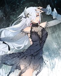 Rule 34 | 1girl, black dress, blue eyes, breasts, dress, earrings, fashion, feather hair ornament, feathers, genshin impact, grey background, hair ornament, highres, ice, jewelry, long hair, looking to the side, multicolored background, nail polish, shenhe (genshin impact), shohje, white background, white hair