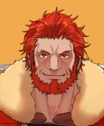 Rule 34 | 2boys, beard, cape, facial hair, fate/zero, fate (series), fur-trimmed cape, fur trim, halorane, holding, holding sword, holding weapon, iskandar (fate), leather, male focus, mature male, multiple boys, muscular, muscular male, orange background, over shoulder, portrait, red eyes, red hair, short hair, smile, sword, sword over shoulder, weapon, weapon over shoulder