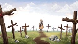 Rule 34 | 10s, 1boy, blonde hair, cloud, day, dragon nest, gloves, grass, grave, h5we31, highres, male focus, path, road, scenery, short hair, sky, solo, sword, warrior (dragon nest), weapon
