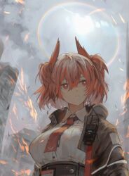 Rule 34 | 1girl, animal ears, arknights, bird ears, bird girl, black jacket, black skirt, collared shirt, commentary request, embers, feather hair, fiammetta (arknights), fire, grey sky, hair between eyes, high-waist skirt, highres, jacket, mutomorokoshi, necktie, open clothes, open jacket, outdoors, parted lips, radio, red eyes, red necktie, shirt, shirt tucked in, short hair, skirt, sky, solo, upper body, white shirt