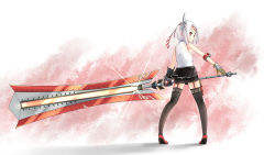 Rule 34 | 1girl, armband, asymmetrical gloves, black gloves, black skirt, black thighhighs, from behind, garter straps, gloves, headband, high heels, highres, holding, holding sword, holding weapon, horn ornament, horns, looking at viewer, looking back, metal gloves, red eyes, red footwear, shoes, short hair, simple background, skirt, solo, standing, striped, sword, thighhighs, uneven gloves, vest, vittorio veneto (warship girls r), warship girls r, weapon, white hair, white vest, xia zhi chong yin xu ruo dan qing, zettai ryouiki