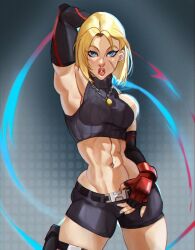 Rule 34 | 1girl, abs, armpits, bare shoulders, belt, blonde hair, blue eyes, breasts, cammy white, crop top, dlusionalx, fingerless gloves, gloves, highres, lips, medium breasts, scar, scar on face, short hair, shorts, street fighter, street fighter 6