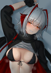 Rule 34 | 1girl, :d, antenna hair, arknights, arm up, bed sheet, bikini, bikini under clothes, black bikini, black gloves, black jacket, black ribbon, black scarf, blush, breasts, cleavage, clothes lift, fingerless gloves, from above, front-tie bikini top, front-tie top, gloves, grey hair, grey shirt, grin, head tilt, highres, horns, jacket, long sleeves, looking at viewer, looking up, lying, medium breasts, multicolored hair, on back, on bed, open clothes, open jacket, open mouth, oretahone, parted lips, red eyes, red hair, ribbon, scarf, shirt, shirt lift, short hair, smile, solo, steaming body, swimsuit, two-tone hair, upper body, w (arknights)