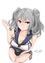 Rule 34 | 1girl, 28aarts, absurdres, alternate costume, bare shoulders, between legs, blue eyes, breasts, ccc3360, cosplay, covered erect nipples, eyebrows, from above, heart, heart-shaped pupils, highres, kantai collection, kashima (kancolle), large breasts, long hair, looking at viewer, ro-500 (kancolle) (cosplay), ro-500 (kancolle), sailor collar, school swimsuit, shoes, signature, silver hair, smile, solo, swimsuit, swimsuit under clothes, symbol-shaped pupils, torpedo, wavy hair