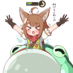 Rule 34 | &gt; &lt;, 1girl, ^ ^, ahoge, animal, animal ear fluff, animal ears, bandana, black gloves, blush, brown hair, character request, closed eyes, commentary request, creature, facing viewer, frog, gameplay mechanics, giant toad, gloves, hana kazari, health bar, highres, kono subarashii sekai ni shukufuku wo!, long hair, open mouth, outstretched arms, overalls, puffy short sleeves, puffy sleeves, red bandana, saliva, shirt, short sleeves, simple background, solo, sweat, toad (animal), trembling, upper body, white background, white shirt